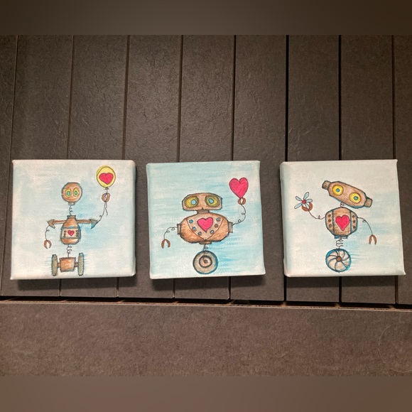 3 small paintings  — a robot triptych in acrylic on canvas - Picture 1 of 7